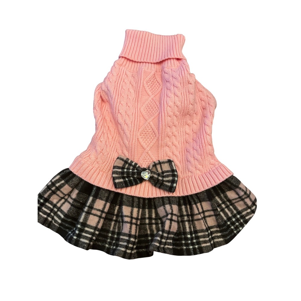 Kyeese‎ Wear Pink Cable Knit Plaid Dog Sweater Dress Rhinestone Heart Bow NWT